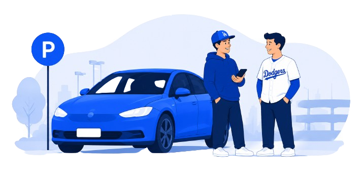 Fans sharing a ride and parking